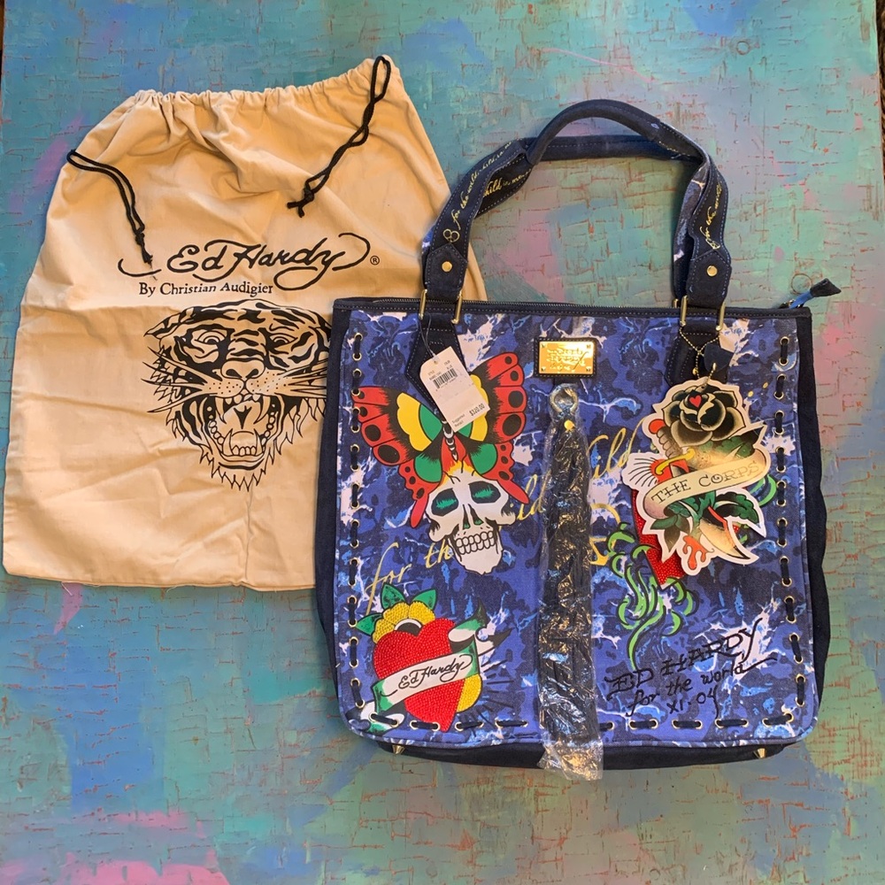 VTG NEW Don Ed Hardy Suede & Canvas Large Wild Child Purse Tote Bag Tassel